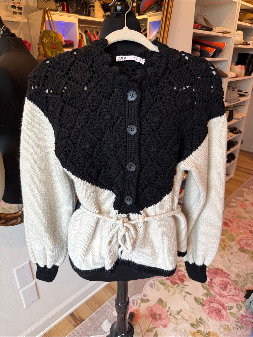 Zara Black and Cream Colorblock Crochet Yoke Button-Front Cardigan
